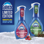 Promotional image of two Dawn Powerwash bottles, frosted cranberry and fresh pine, with snow and product benefits panel