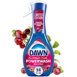Dawn Platinum Plus Powerwash dish spray bottle with frosted cranberry label and cranberries on a white background