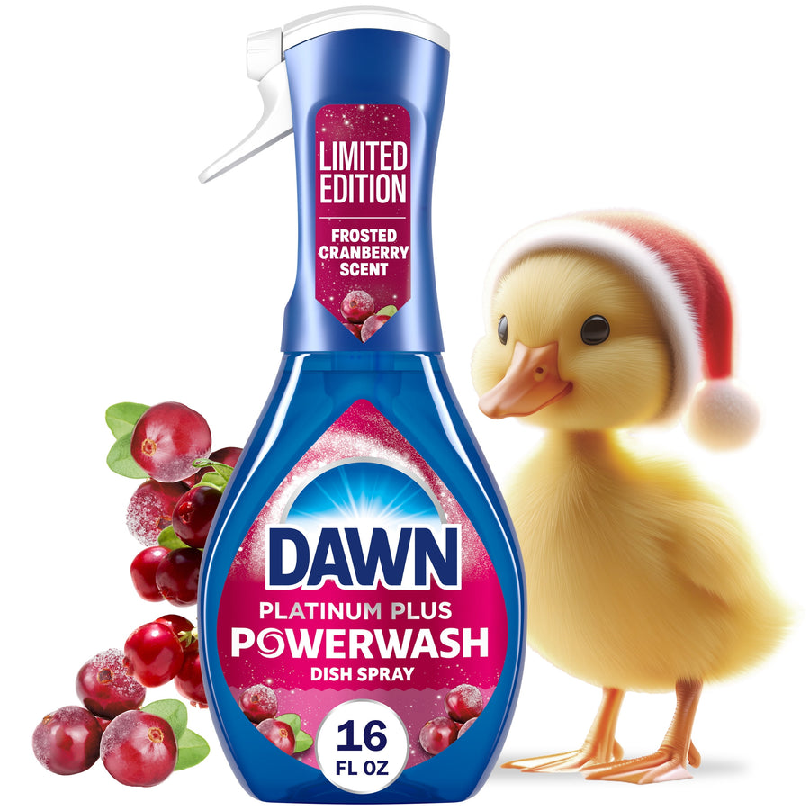 Bottle of Dawn Platinum Plus Powerwash dish spray with frosted cranberry label, cranberries and a yellow duck wearing a Santa hat