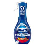 Blue Dawn Platinum Plus Powerwash dish spray bottle with Gain logo and 5X faster grease cleaning claim on label