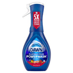 Front view of a Dawn Platinum Plus Powerwash dish spray bottle with Gain scent badge and 5X faster grease cleaning callout