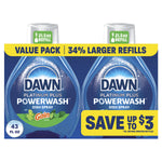 Front-facing value pack box showing two Dawn Platinum Plus Powerwash refill bottles with Gain scent labels