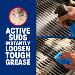 Close-up panels of a hand spraying Dawn Powerwash on a grill and then scrubbing with a sponge with 'active suds' text