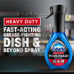 Dawn Powerwash Heavy Duty dish spray bottle with bold 'Fast-Acting Grease-Fighting' headline and kitchen background.