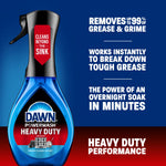 Dawn Powerwash Heavy Duty bottle on blue background with text calling out grease removal and heavy duty performance