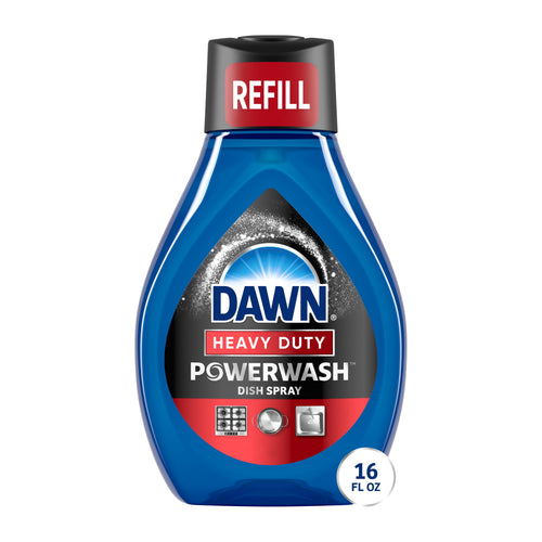 Blue Dawn Powerwash heavy duty dish spray refill bottle with red label and 'REFILL' cap, 16 fl oz badge