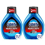 Two Dawn Powerwash Heavy Duty refill bottles side by side with blue liquid and refill label on caps