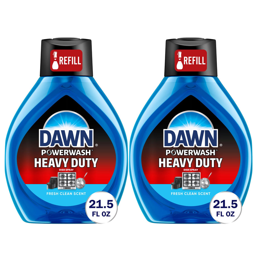 Two Dawn Powerwash Heavy Duty refill bottles side by side with blue liquid and refill label on caps