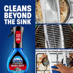 Dawn Powerwash Heavy Duty spray bottle with text 'Cleans beyond the sink' and images of a greasy pan, grill, and stovetop being cleaned