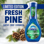 Limited edition Dawn Platinum Plus Powerwash Fresh Pine bottle with large 'Fresh Pine' text and pinecone imagery