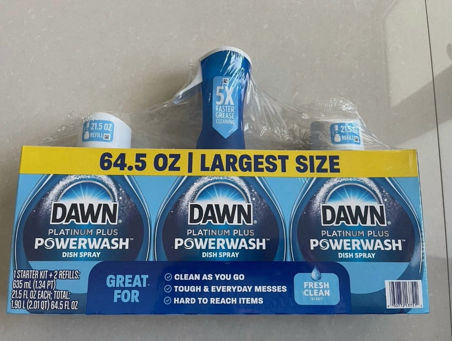 Shrink-wrapped Dawn Platinum Plus Powerwash multipack box showing three bottle fronts and yellow size banner.