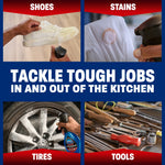 Four-panel graphic showing Dawn Powerwash being used on shoes, stains, tires, and tools with 'Tackle tough jobs' headline