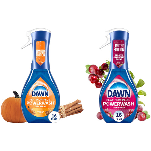 Two Dawn Platinum Plus Powerwash dish spray bottles, pumpkin spice and frosted cranberry limited-edition variants with pumpkin, cinnamon and cranberries