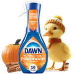 Dawn Platinum Plus Powerwash dish spray bottle in pumpkin spice scent with pumpkin, cinnamon sticks and a small yellow duck mascot
