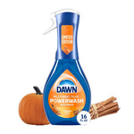 Dawn Platinum Plus Powerwash spray bottle with pumpkin and cinnamon sticks on a white background