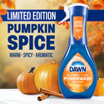 Single Dawn Platinum Plus Powerwash bottle labeled pumpkin spice with pumpkins and cinnamon sticks in autumn background