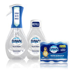 Front view of Dawn Platinum Powerwash spray bottle, refill bottle and two-pack non-scratch scrubber sponges