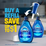 Promotional image showing Dawn Powerwash refill bottles and a detachable spray top with text about saving when you buy a refill