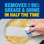 Sponge scrubbing a plate with grease, overlay text 'REMOVES UP TO 99% OF GREASE & GRIME IN HALF THE TIME'