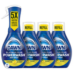 Four Dawn Platinum Plus Powerwash lemon bottles, one reusable spray bottle and three refill bottles on white background