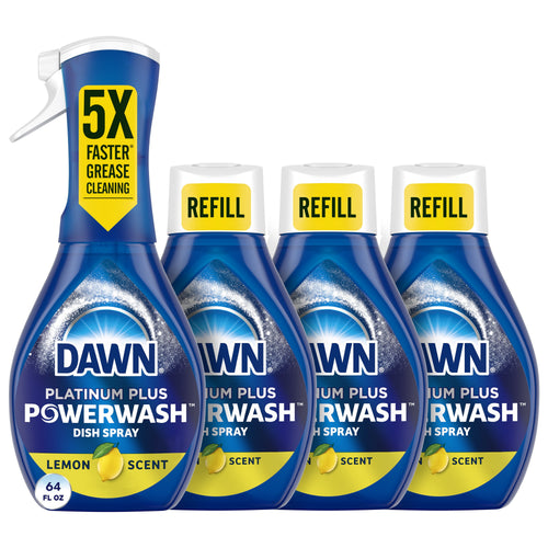 Four Dawn Platinum Plus Powerwash lemon bottles, one reusable spray bottle and three refill bottles on white background
