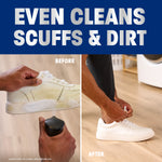 Before-and-after style image showing a hand spraying a dirty white sneaker and a cleaned shoe with 'Even Cleans Scuffs & Dirt'.