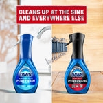 Split advertisement showing two Dawn Powerwash bottles on contrasting sink and wood backgrounds with header text