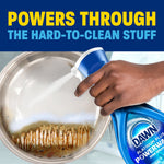 Spray action demo of Dawn Powerwash being applied to a burnt pan with headline about powering through hard-to-clean messes.