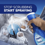 Hand spraying Dawn Platinum Powerwash over dirty dishes in a sink with headline text 'Stop Scrubbing Start Spraying'.
