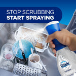 Hand spraying Dawn Powerwash over dirty dishes in a sink with headline text saying stop scrubbing start spraying