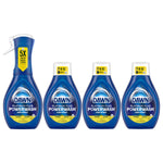 Four Dawn Platinum Plus Powerwash lemon bottles in a row, one spray starter bottle followed by three refill bottles on white
