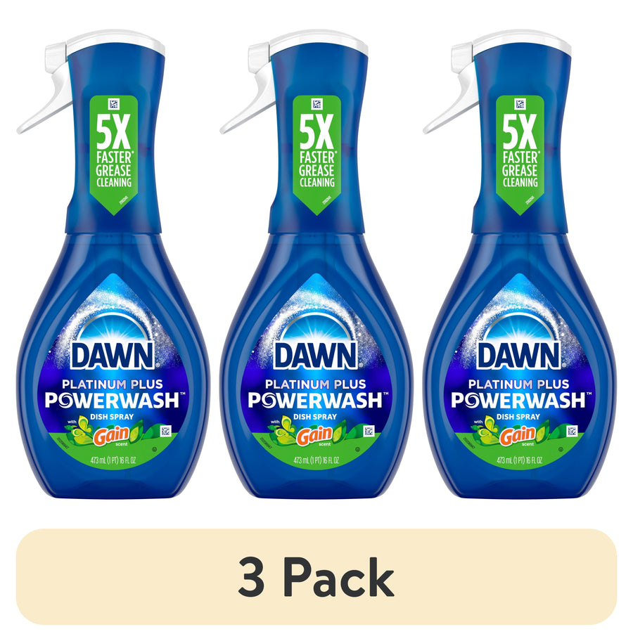 Three blue Dawn Platinum Plus Powerwash spray bottles with Gain scent shown side-by-side on white background