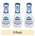 Three Dawn Platinum Plus Powerwash Free & Clear spray bottles shown side-by-side on white background with 3 Pack label