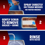 Instructional panel showing three steps: spray on mess, gently scrub, then rinse with water alongside Dawn Powerwash bottle imagery