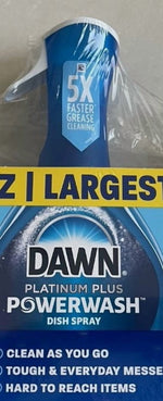 Close-up of Dawn Platinum Plus Powerwash bottle top and branded label with '5X faster grease cleaning' callout.