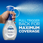 Close-up of a hand pulling the Dawn Powerwash trigger creating a fine spray with copy instructing pull trigger back