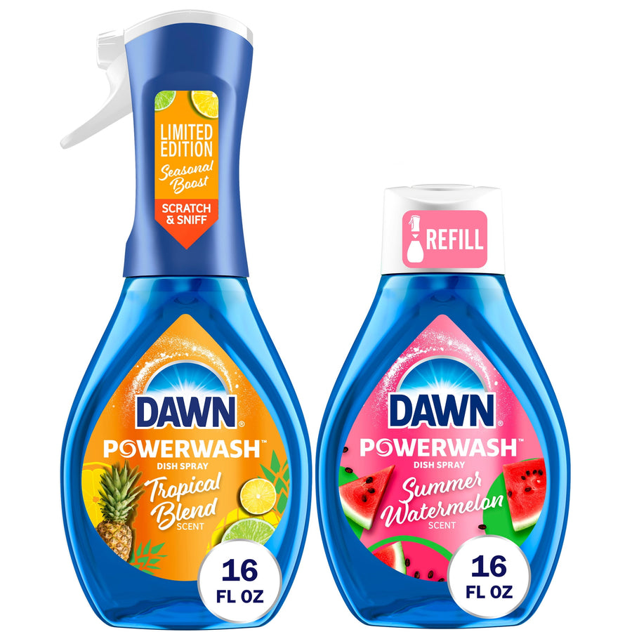 Two Dawn Powerwash dish spray bottles side-by-side: a yellow Tropical Blend bottle and a pink Summer Watermelon refill bottle