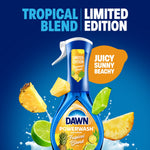 Blue Dawn Powerwash Tropical Blend limited edition bottle with pineapple and lime fruit graphics and callouts