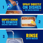 Step-by-step graphic showing spraying dish spray on baked-on food, gently scrubbing, then rinsing under running water