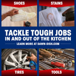 Promotional layout highlighting Dawn Powerwash uses on shoes, stains, tires and tools with product and website callout