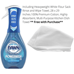 Single Dawn Platinum Powerwash spray bottle shown next to a folded white kitchen towel and promotional text.