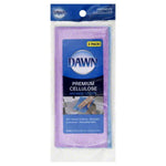Packaged Dawn premium cellulose sponge cloths in purple and blue visible through retail pouch