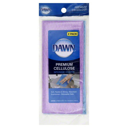 Packaged Dawn premium cellulose sponge cloths in purple and blue visible through retail pouch