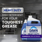 Promotional kitchen scene showing Dawn Professional Heavy Duty bottles and jug with text about tough grease