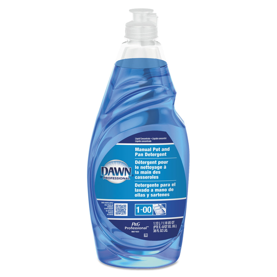 Clear plastic bottle of Dawn Professional Manual Pot and Pan detergent with blue liquid and bilingual label