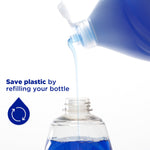 Blue dish soap pouring from a Dawn bottle into a refillable clear bottle with copy encouraging saving plastic by refilling