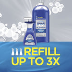 Dawn Platinum refill bottle shown with a pump bottle and bubbly background over a banner reading ‘Refill Up To 3X’.