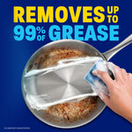 Hand scrubbing a greasy frying pan with a soapy sponge and bold text claiming it removes up to 99% of grease