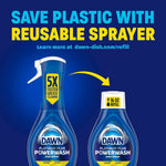 Blue marketing image showing a reusable spray bottle and a refill bottle with headline "Save plastic with reusable sprayer" and a 16 oz refill callout.