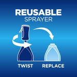 Graphic on blue background illustrating a reusable Dawn sprayer with arrows and text reading twist replace